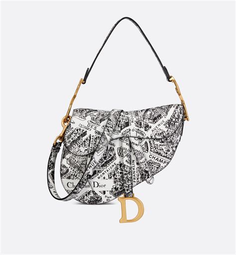 Saddle Bag with Strap White and Black Plan de Paris Printed 